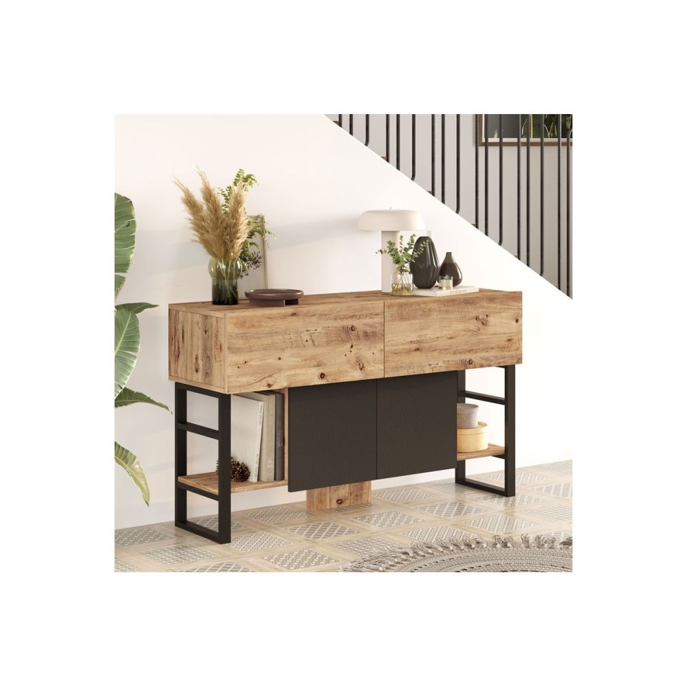 Buffet Diseño Moderno Natural-Negro con 4 Puertas - 139x43x83.5cm - Elegante Almacenamiento para Comedor