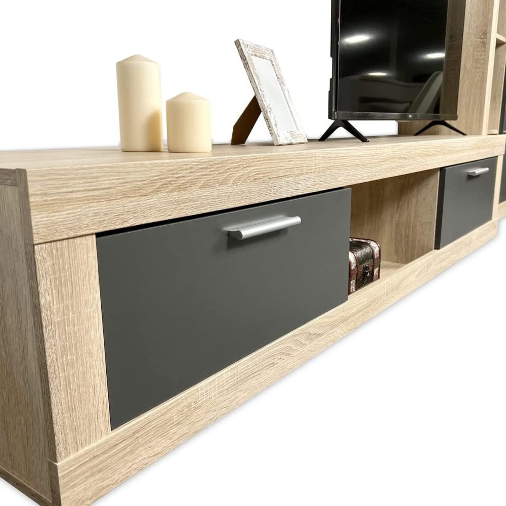 Meyvaser Mueble de salón y TV Moderno con Leds Color Cambria y Grafito Módulo de Comedor 259 Cm