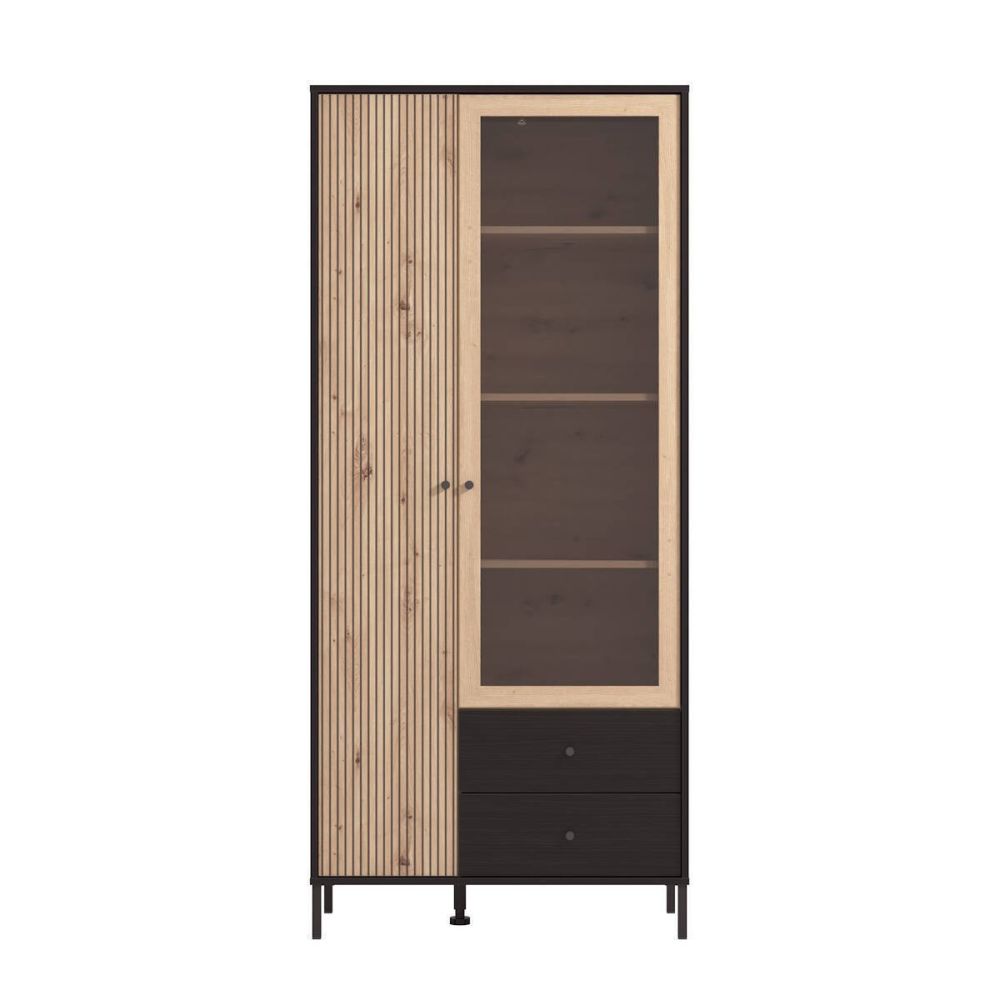 Vitrina Alta en Roble Artisan y Negro con Puerta Estrecha, Puerta Acristalada y 2 Cajones - Medidas 86,5x40x195 cm