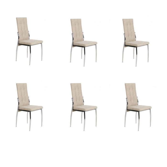 6 Sillas Tapizadas en Tela Beige con Asiento y Respaldo Acolchados, Patas Cromadas - Medidas 45x46x100 cm