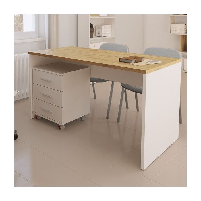 Mesa de Escritorio 138 Cm de ancho con patas de Madera Blanca y tapa Color Roble 67x75x138 Cm