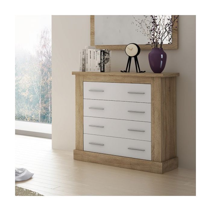 Cómoda 4 Cajones, Acabado en Blanco y Cambrian, Medidas: 91,5 cm (Ancho) x 90,8 cm (Alto) x 39,6 cm de (Fondo)